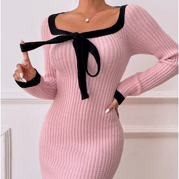 Elegant Bow Ribbon Sweater Dress. - Picture 11 of 16